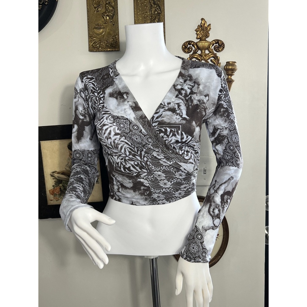 Vintag Cheryl Creations Renaissance Angel Print Long Sleeve Wrap Crop Top Size M